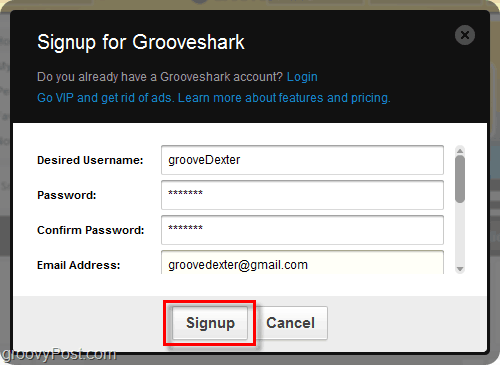 Grooveshark kayıt işlemi