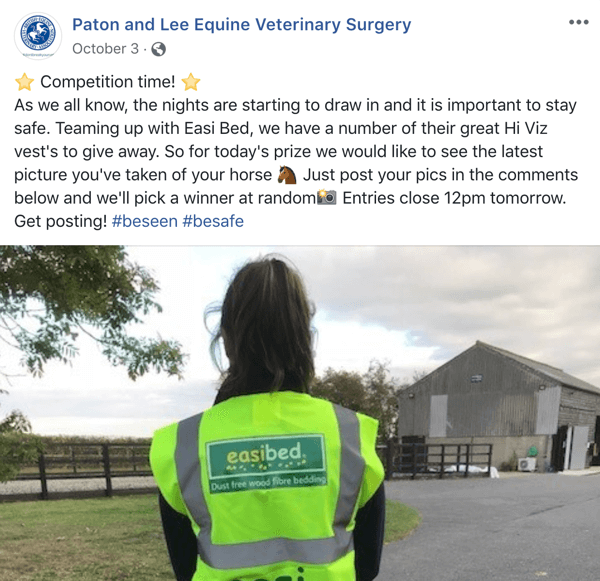 Paton ve Lee Equine Veterinary Surger'dan bir yarışmanın yer aldığı Facebook gönderisine örnek.