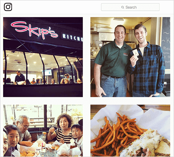Bu, #skipsdiner etiketli Instagram fotoğraflarının ekran görüntüsü. Biri restoranın dışını gösteriyor, biri Joker oyununu kazanmış gibi kart tutan bir adamı gösteriyor, biri masada yemek yerken bir aileyi gösteriyor ve biri de sipariş ettiği yemeği gösteriyor. Jay Baer, ​​Joker oyununun konuşma tetikleyicisine bir örnek olduğunu söylüyor.
