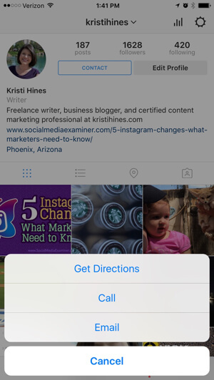instagram işletme profili iletişim seçenekleri