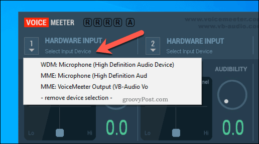 Bir VoiceMeeter donanım girişi seçeneğini seçme