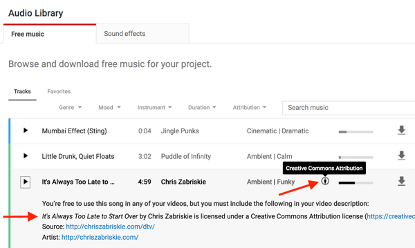 YouTube Ses Kitaplığı'ndaki müzik dosyaları, orijinal içerik oluşturucuya atıfta bulunmanız gerekip gerekmediğini belirtecektir.