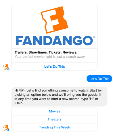 Fandango'nun Facebook Messenger sohbet robotu, kullanıcılara film seçimleri boyunca rehberlik etmeye yardımcı olur.