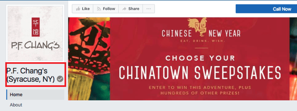 PF Chang'ın Syracuse, NY konumunda, bunun doğrulanmış bir Facebook sayfası olduğunu belirtmek için gri bir rozet vardır.