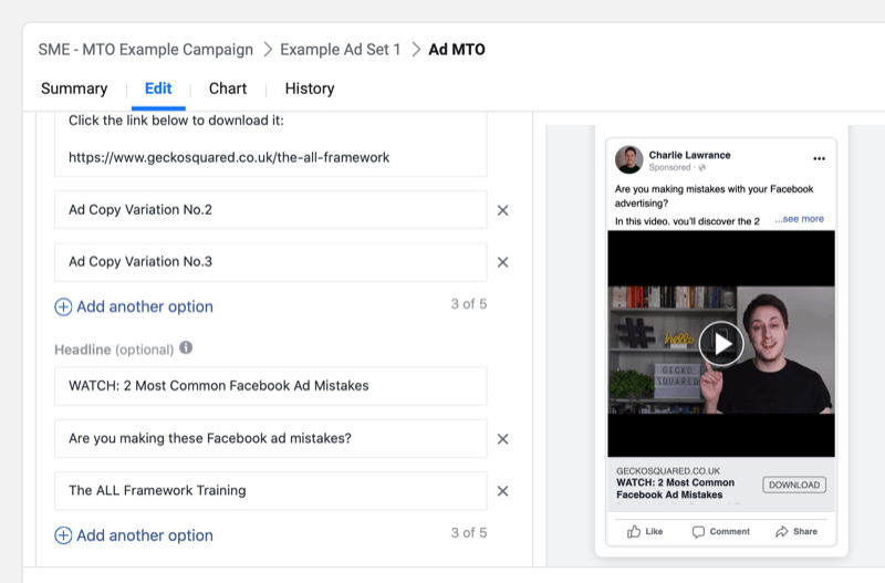 Birden çok metin seçeneğiyle bir Facebook kampanyası oluşturmak için adım adım açıklamalı yol