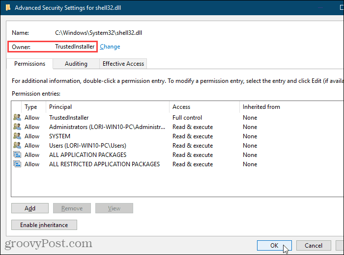 Windows Kayıt Defteri Düzenleyicisi'nde Gelişmiş Güvenlik Ayarları iletişim kutusunu kapatın