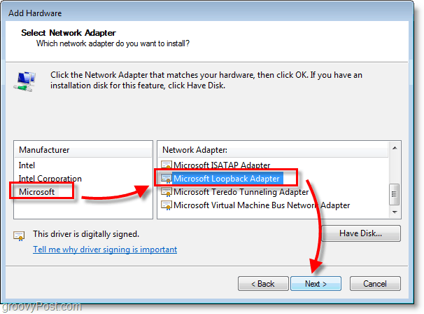 Windows 7 Ağ Ekran Görüntüsü seçin microsoft> microsoft geri döngü adaptörü