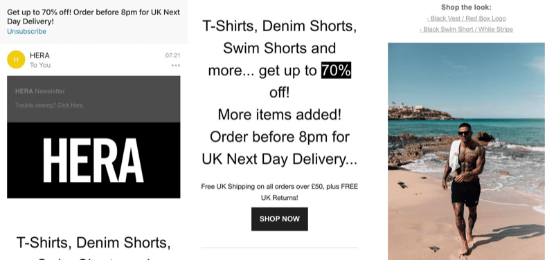 Sosyal medya pazarlama stratejisi; Hera London'dan (moda markası) harika bir flash satış e-posta pazarlama kampanyasının ekran görüntüsü.