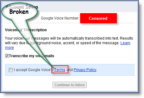 Google Voice Hizmet Şartları Bağlantısı koptu