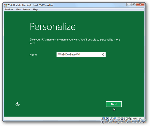 VirtualBox Windows 8 kurulum pc adını kişiselleştir