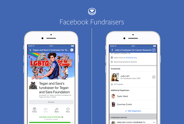 Markalar ve tanınmış kişiler için Facebook sayfaları artık Facebook'un bağış toplama araçlarını kar amacı gütmeyen kuruluşlar için para toplamak amacıyla kullanabilir ve kar amacı gütmeyen kuruluşlar da aynısını kendi sayfalarında yapabilir.