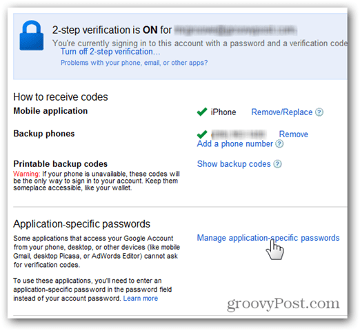 google tek seferlik şifreler - uygulamaya özel şifreleri yönet'i tıklayın