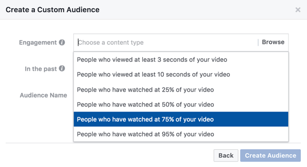 Video etkileşimine dayalı özel bir kitle için, birisinin yeniden hedefleme reklamınızı görmek için videonuzun ne kadarını izlemesi gerektiğini seçebilirsiniz.