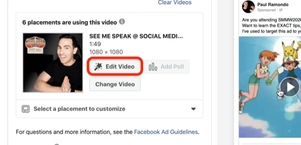 Facebook video reklamı için Video seçeneğini düzenle