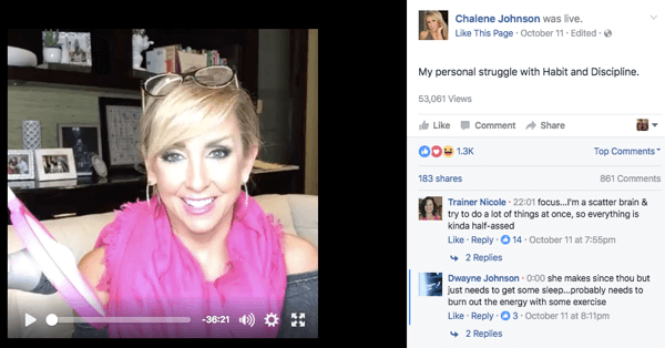 Chalene'nin Facebook sayfasında Facebook Live video yayını.