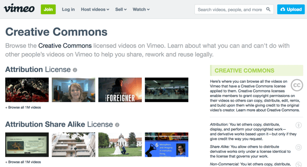 Vimeo, video çekimlerini lisans türüne göre gruplandırır ve sağda her tür için açıklamalar içerir.