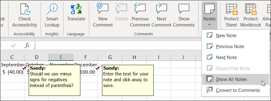 Excel'de Tüm Notları Göster