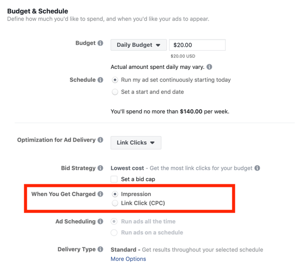Facebook Reklam maliyetlerinizi düşürmek için ipuçları, gösterim veya bağlantı tıklama (TBM) ile ücretlendirme seçeneği