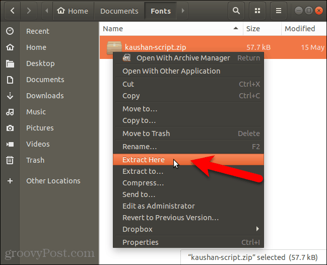Ubuntu'daki Nautilus'ta yazı tipi dosyasını ayıkla