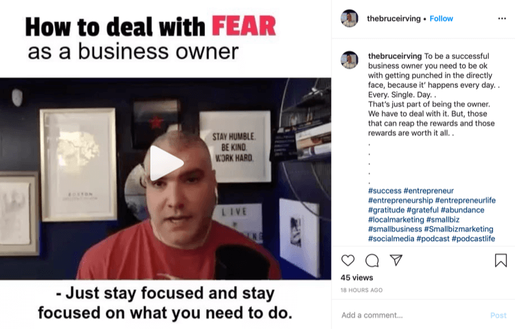 Bruce Irving'in bir işletme sahibi olarak korkuyla nasıl başa çıkılacağı hakkında Instagram yazısı