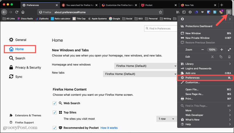 Mac'te Firefox Tercihleri ​​Ana Sayfası