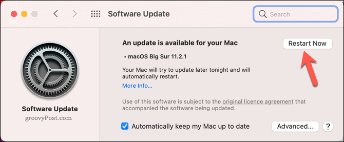 Sistem güncellemesine başlamak için bir Mac'i yeniden başlatma