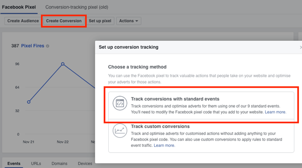 Facebook dönüşüm izleme için Standart Etkinliklerle Dönüşümleri İzle seçeneğini seçin.