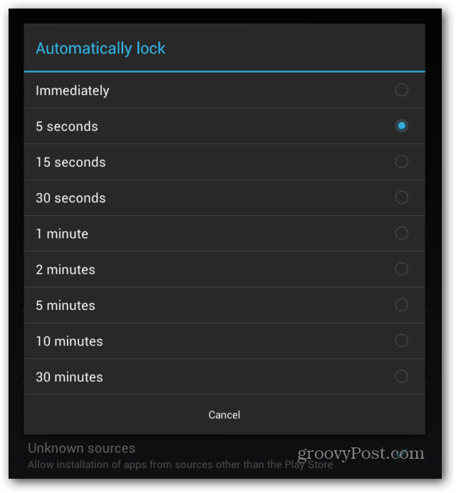 Goggle Nexus 7 kilit ekranı otomatik olarak kilitleme aralığı