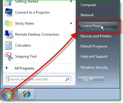 Başlat Orb menüsünü ve ardından kontrol panelini tıklayın Windows 7'de