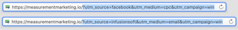 facebook / cpc ve infusionsoft / email'i kazanma kampanyası için parametreler olarak gösteren vurgulanmış url'lerin utm kısmı ile kodlanmış utm etiketlerine sahip url örnekleri