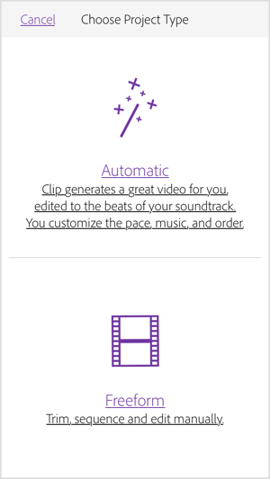Adobe Premiere Clip'in sizin için bir video oluşturması için Otomatik'i seçin.