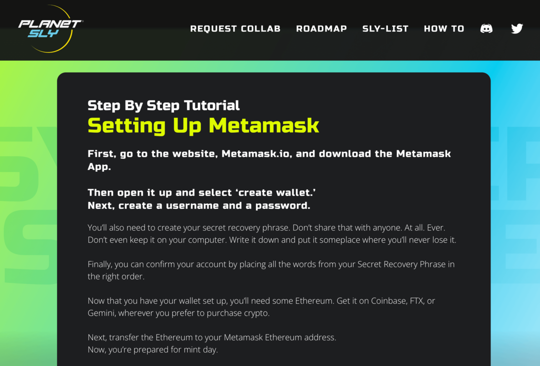 PlanetSLY web sitesinde Metamask öğreticisinin görüntüsü