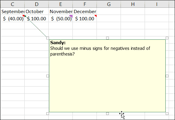 Excel'de Notları Yeniden Boyutlandırma veya Taşıma