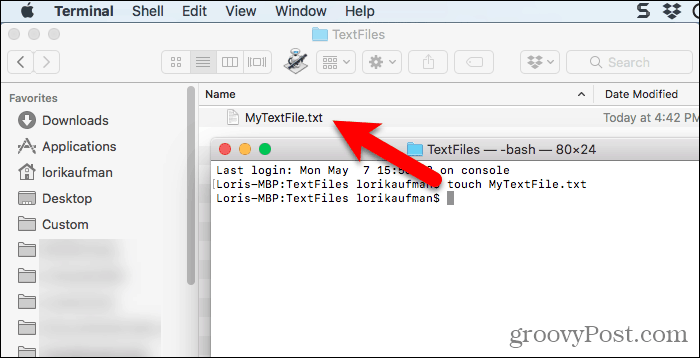 Mac'teki Terminal'de dokunma komutu kullanılarak oluşturulan metin dosyası