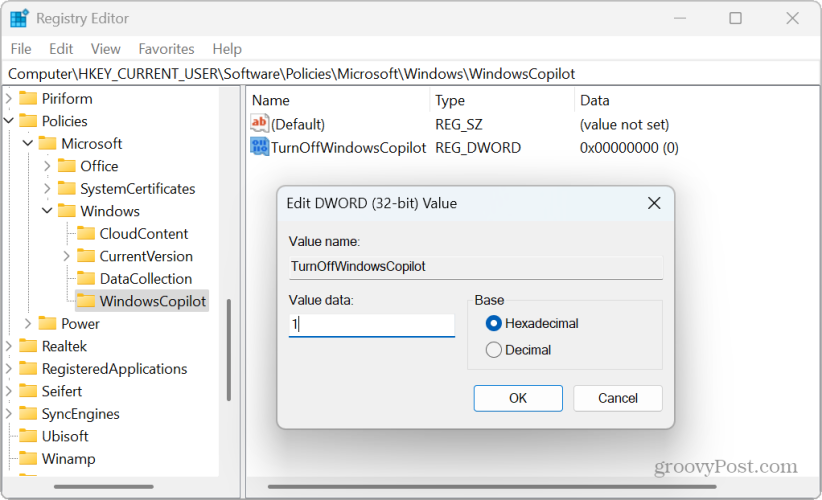 turnoffwindowscopilot değeri