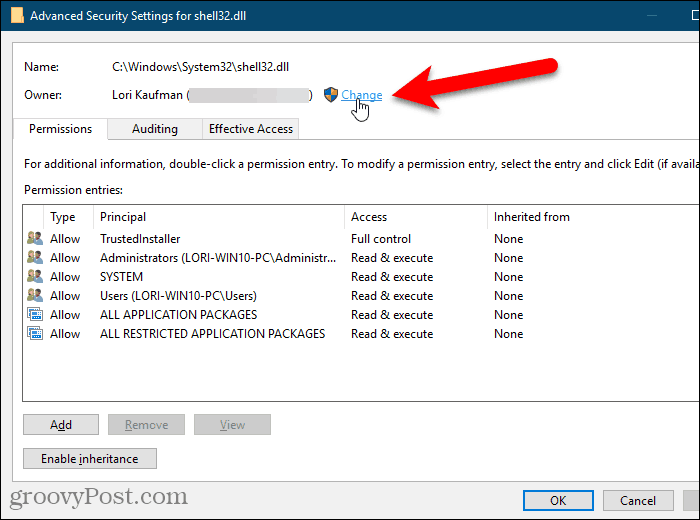 Windows Kayıt Defteri Düzenleyicisi'ndeki Gelişmiş Güvenlik Ayarları iletişim kutusunda Sahip için Değiştir'i tıklatın