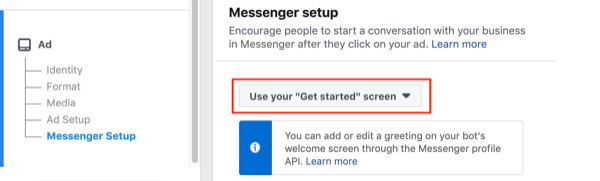 Facebook Messenger reklamları için tıklayın, 2. adım.
