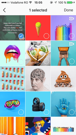 Instagram koleksiyonunuza eklemek istediğiniz kayıtlı gönderileri seçin ve ardından Bitti'ye dokunun.