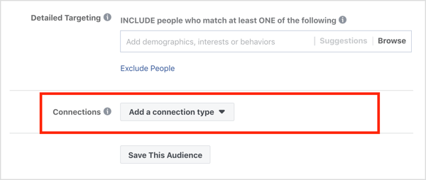 Facebook reklam kampanyasının Hedef Kitleler bölümündeki Bağlantılar bölümü.
