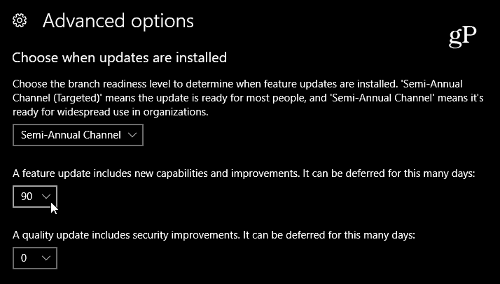 Windows 10 Özellik Güncellemesi gecikmesini seçme