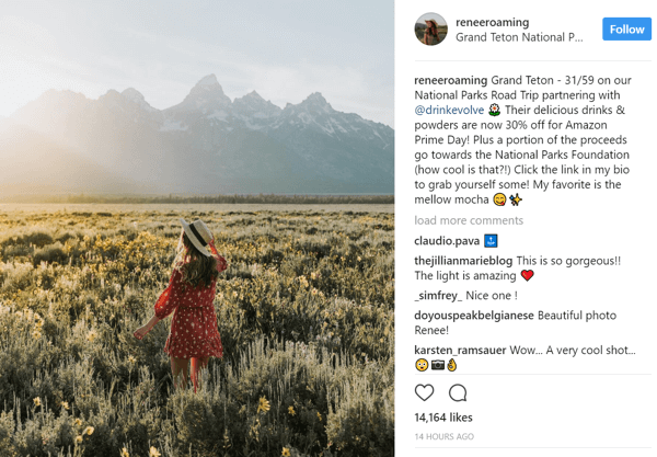 Instagram influencer'ı Renee Hahnel, biyografisinde Drink Evolve indirim promosyon bağlantısını paylaşıyor.