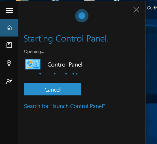 Windows 10 Cortana Open kontrol paneli