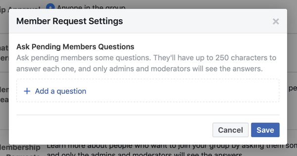 Facebook grup topluluğunuzu nasıl geliştirebilirsiniz, yeni üye sorularına izin veren Facebook grup üyesi istek ayarları örneği