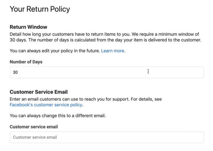 facebook mağazası iade politikası ve mevcut olabilecek müşteri hizmetleri e-postasının ekran görüntüsü örneği