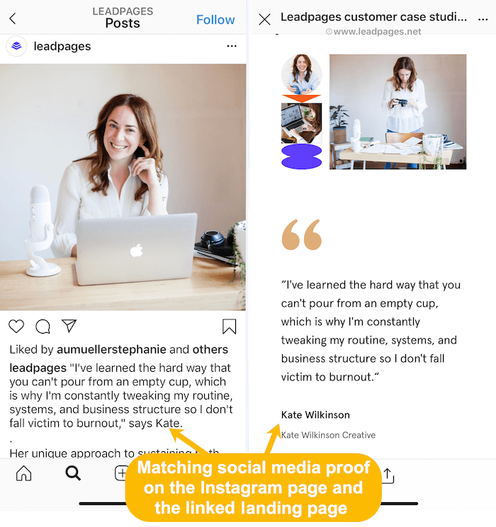 Instagram beslemesinde ve bağlantılı açılış sayfasında eşleşen müşteri hikayeleri