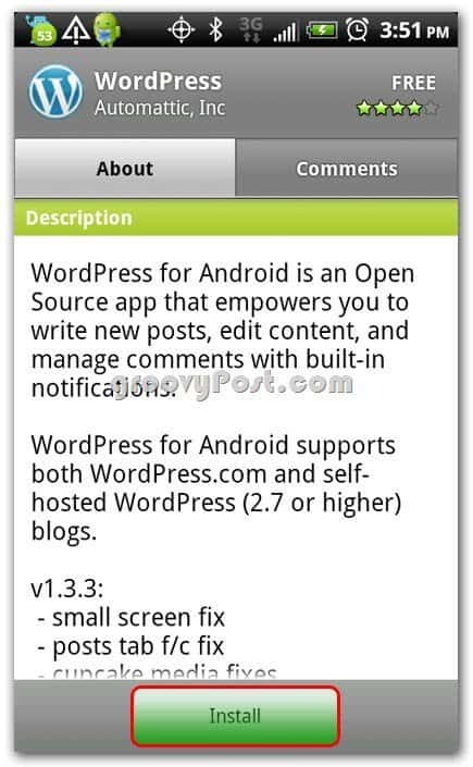 Android yükleme ekranında Wordpress