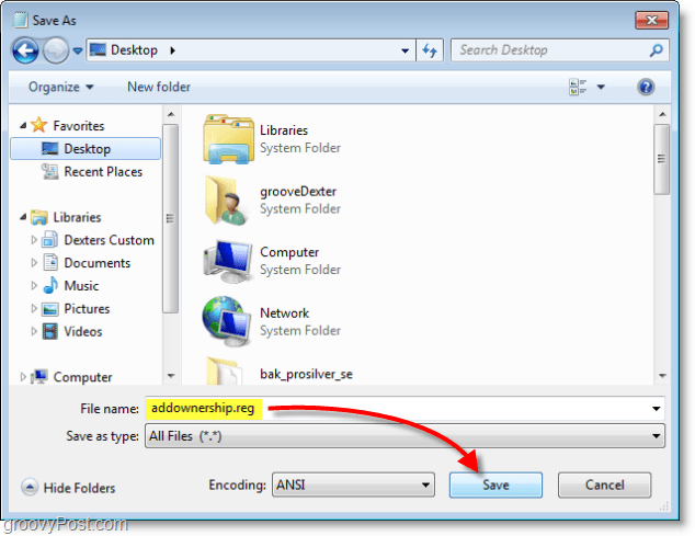 Windows 7 ekran görüntüsü - addownership.reg olarak kaydet