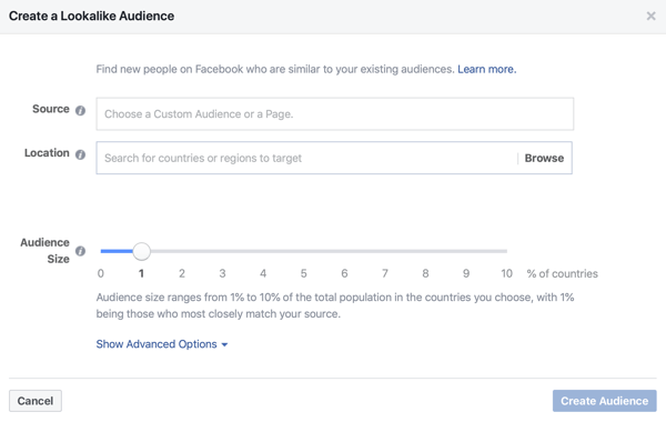 Facebook reklamlarınız için% 1 Benzer bir kitle oluşturma seçeneği.
