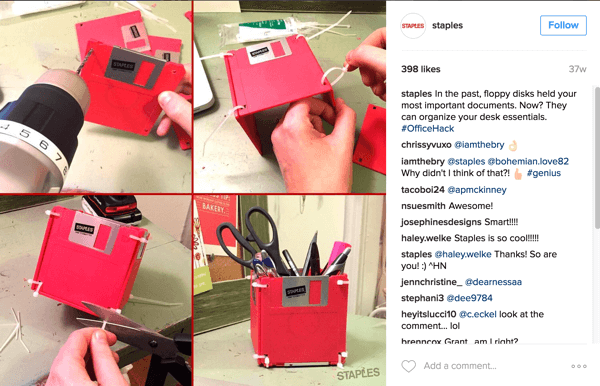 Staples'ın bu Instagram fotoğraf kolajı, disketleri bir masa aksesuarına dönüştürmenin akıllıca bir yolunu gösteriyor.