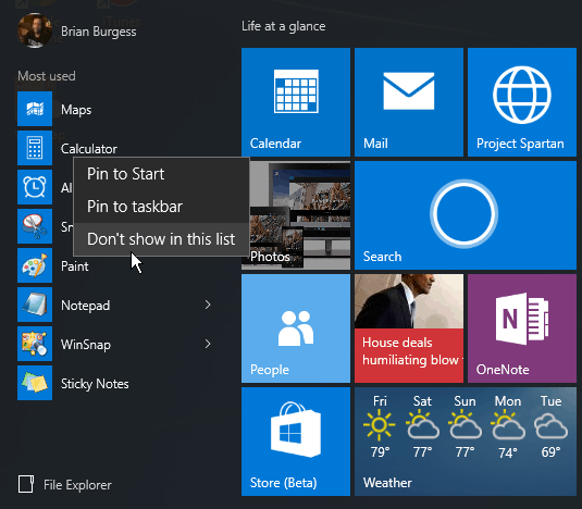 Windows 10 Başlat menüsü